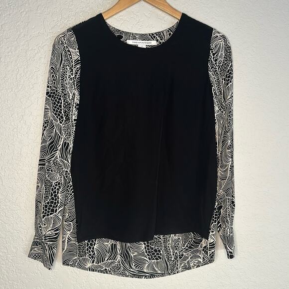 DVF Diane von Furstenberg Silk Blouse Black Cream Artsy Long Sleeve Designer Y2K - Picture 1 of 10